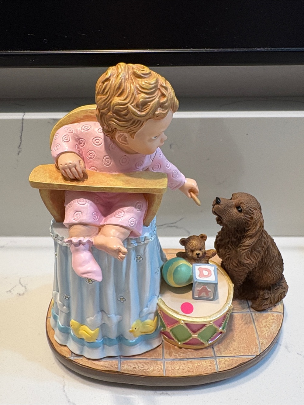 Baby Figurine with Pink Outfit and Brown Dog - Decorative Nursery Accent